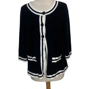 Mercer Street Studio L black + white classic 3 button cardigan Preppy nautical‎